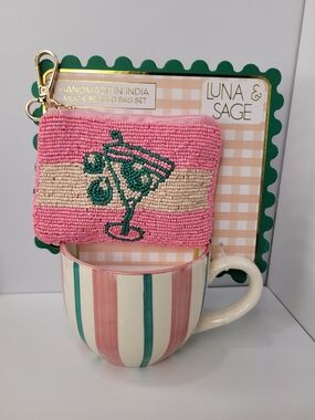 👉✨️ Luna & Sage  2pc Striped Mug  Pink And  Beaded Martinu Print Coin Pouch